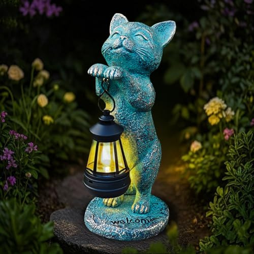 lifemet Solar Grüne Katzenfigur aus Kunstharz, Außendekoration für Garten | Solarbetriebene Katzenskulptur für den Außenbereich, dekoratives Gartenhighlight und liebevolles Geschenk für Damen, Mütter