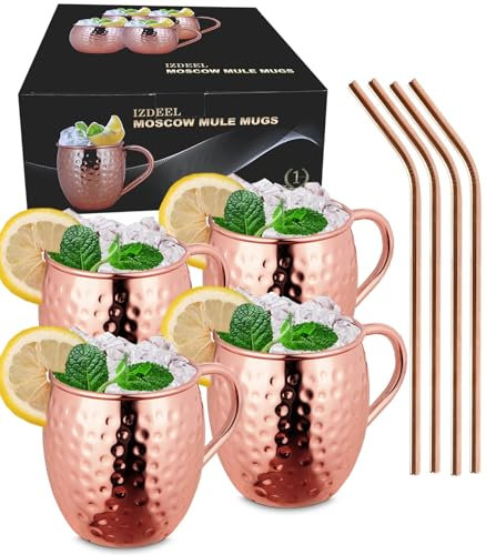 izdeel Vasos Moscow Mule Cobre Mug de Moscú Copas de Cóctel, para Cócteles, Vodka, Bebidas Frías, Hogar, Bar, Fiesta, San Valentín, Navidad, Año Nuevo, Cumpleaños, Regalos Caja (4 Tazas y 4 Pajitas)