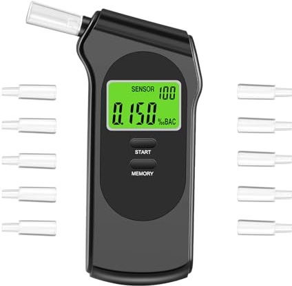 Alkoholtester Polizeigenau, Hochpräziser Promillemessgerät mit LCD-Anzeige, Professioneller Alkoholtester mit 10 Mundstücken, Alkoholmessgerät für den Fahrer Persönlichen, Professionellen und Party