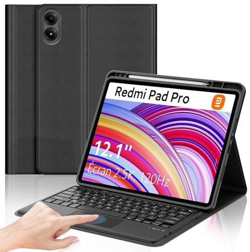 Clavier Redmi Pad Pro 12.1 2024/Xiaomi Poco Pad 2024, Coque Clavier avec pavé Tactile, Étui Keyboard AZERTY sans Fil Bluetooth Amovible pour Xiaomi Redmi Pro 12.1 2024, Noir