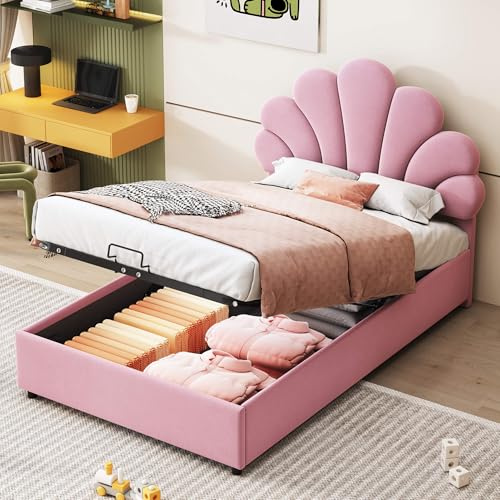 Lahoomu Polsterbett Kinderbett 90 x 200 cm, mit Geblümtem Kopfteil und Lattenrost, mit Höhenverstellbarem Kopfteil und Hydraulischem Stauraum, Hautfreundlicher Samtstoff, Rosa