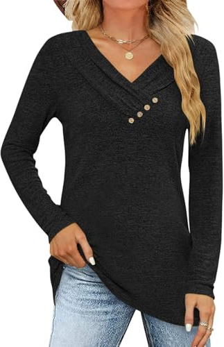 Fisoew Langarmshirt Damen Longshirt Pullover V-Ausschinitt Knopf Sweatshirt Lockere Herbst Oberteile T Shirts Tunika Top,Schwarz,XL