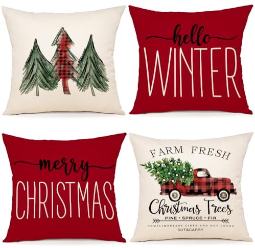 ZWJD Kissenbezug Weihnachten 50x50 4er Set Kissenbezüge Rot Christmas Weihnachtskissen Kiefernmotiv Kissenhüllen für Weihnachtsdeko Innen Sofa Schlafzimmer Dekokissen