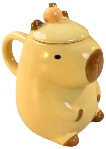 Tasse Capybara mignonne 3D avec couvercle - Tasse à café amusante en céramique - 450 ml - Cadeau personnalisé pour enfants, femmes et filles - Pour le bureau, la maison, un anniversaire, Noël (jaune