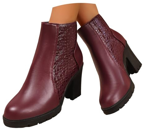 Xbemkste Bottines élégantes pour femme avec talon - Bout rond - Imperméables - Avec fermeture éclair - Tige courte - Confortables, Bordeaux, 40 EU