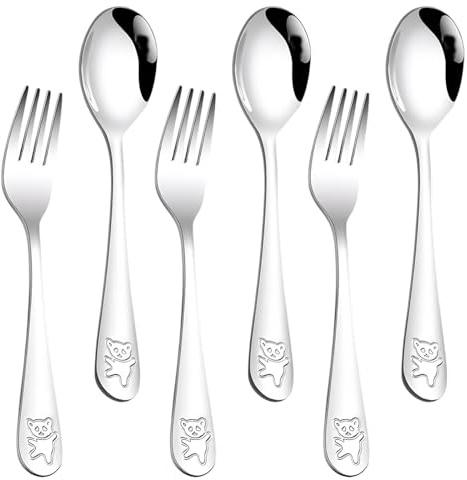 6 Pezzi Set Di Coltelli Forchetta con Incisione, Cucchiai con Simpatici Motivi Di Orso, 3 Cucchiai con Disegno Di Un Orso Contenuto 3 Forchetta Da Tavola per Picnic, Feste, Viaggi Di Lavoro, Viaggi