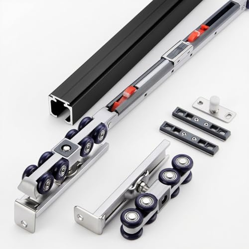 Binario scorrevole per porta scorrevole con buffer a chiusura rallentata, resistente, kit hardware per porta da fienile, 5 m, binario scorrevole per armadi e divisori (nero)