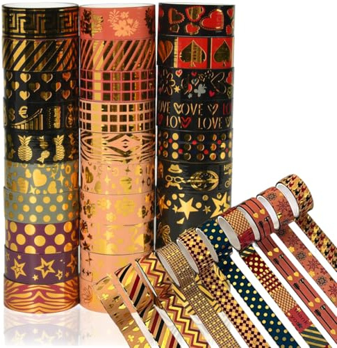 BetterJonny 30 Rollen Gold Washi Tape, Glitzer Washi Tape Set Klebeband Bunt Abklebeband Kinder Klebeband Bunt für Scrapbooking, Valentinstag DIY Handwerk und Bullet Journals (3mx15mm/Rollen)-A