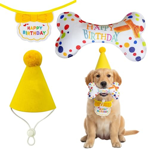 Hunde Geburtstag, Hund Geburtstag Spielzeug Set, 3-teiliges Geburtstagsgeschenk mit Plüschknochen, Partyhut und Halsband für kleine und mittelgroße Hunde, Ideal für Indoor- und Outdoor-Spiele