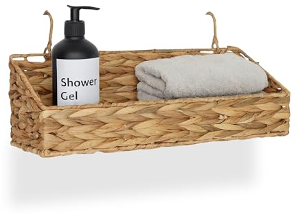 Relaxdays Förvaringskorg vattenhyacint, 2 krokar, H x B x D 14 x 42 x 16 cm, hängande korg flätat utseende, badrum, hall, natur