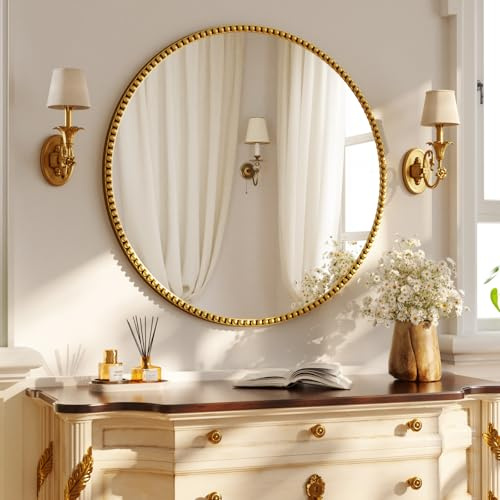 Koonmi runder Wandspiegel 70 cm, PU Perlenrahmen, Gold | Retro Badspiegel zum Aufhängen oder Anlehnen für Eingangsbereich, Schlafzimmer, Wohnzimmer und Flur