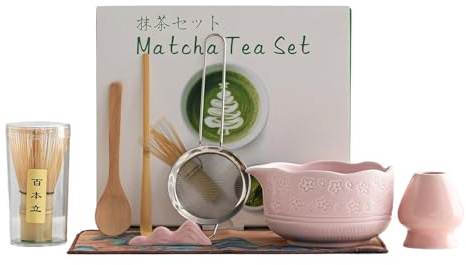 8PCS Pink Matcha Set, Matcha Kit, Sakura Pink Matcha Bowl, Includes Matcha Bowl with Spout, Matcha Whisk and Holder, Bamboo Scoop&Spoon and Rest, Sifter and Towel, Birthday Gifts for Women Mom Her