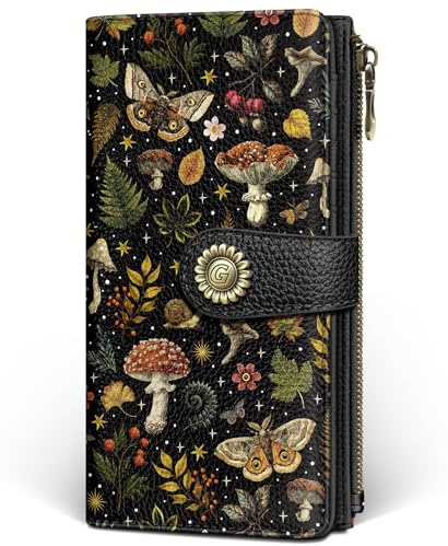 GIANCOMICS Butterfly Mushroom Womens Wallet RFID Blocking, Credit Card Holder Bifold, PU Leather Travel Billfold, Cute Cash Purse, Zipper Coin Pocket Clutch, 11 Card Slots, Ladies Gift Woman