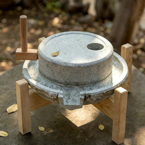 Natural Stone Mill Grinder, Handmade Stone Grain Mill with Wooden Base, Easy to Clean, Manual Grinder for Flour, Rice, Spices, Beans, Wheat, Coffee(25+38cm/9.8+14.9in)