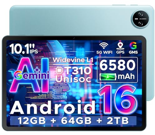 Tab A9 Android 16 Tablet 10 Pollici, 20 GB RAM + 64 GB ROM (TF 2 TB), Gemini AI, 6580 mAh, Unisoc T310, 1280 * 800 IPS, WiFi 5, Doppio Altoparlante, 8MP+5MP, Bluetooth 5.0/Face ID/Jack da 3,5 mm-Blu