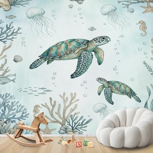 AevuCub Tapete Schildkröte, Fototapete Meerestiere Schlafzimmer, Tapeten Vliestapete Ozean Kinder Wohnzimmer, Wandtapete Kinderzimmer Schildkröte Wanddeko, Mustertapete Vlies 416 x 254 cm (B x H)