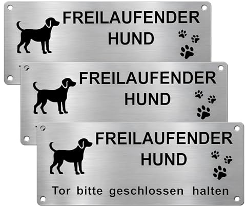 3PCS Vorsicht Achtung Hund Schild, Aluminium Warnschild für Innen und Außen, selbstklebend und mit vorgebohrten Löchern, wetterfest, UV-beständig, 25x9 cm, Sicherheit für Garten und Haus
