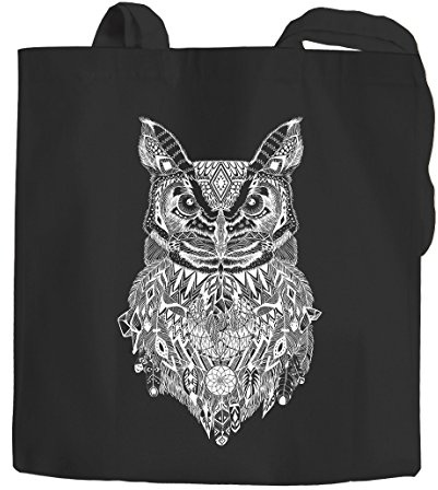 Autiga Jutebeutel Eule Zentangle Boho Bohamian Owl Tragetasche Stofftasche schwarz 2 lange Henkel