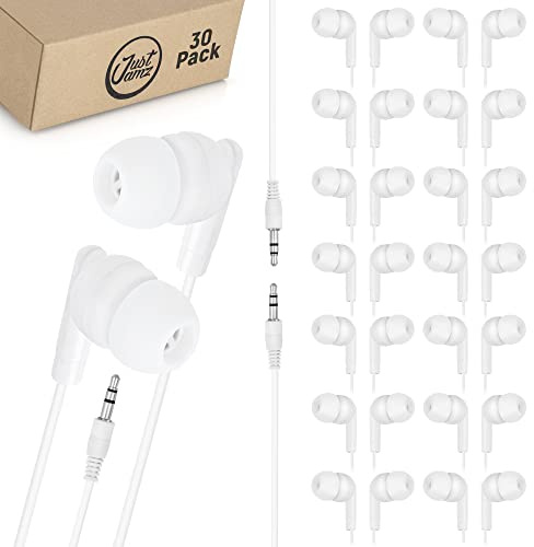 JustJamz 30 Pack | Bulk Basic Earbuds, Pearl White in-Ear Earbuds, Disposable Earphones, Affordable Headphones, 3.5 MM Audio Jack Earbuds for Schools, Kids, Classrooms & Libraries