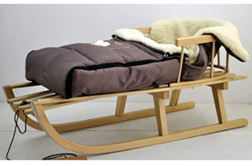 Holzschlitten Kinderschlitten aus Buchenholz Rückenlehne inkl. Zugseil + Winterfußsack Schlittensack 40 x 90 cm Fußsack Schlitten Kinderwagen Braun