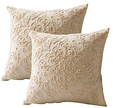 DOKOT Embroidery Throw Pillow Case Covers Square Cushion Cover 100% Cotton with Zipper for Home Decorative 20x20 inches(50x50cm) (Beige, 2 Pieces)