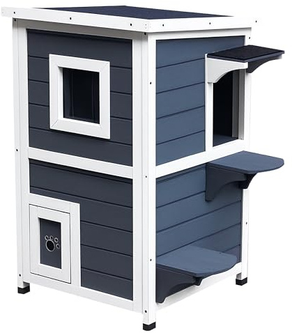 PawHut Solida Cuccia per Gatti in Legno Impermeabile su 2 Piani, con Tetto Apribile, 51cm x 51cm x 81.3cm