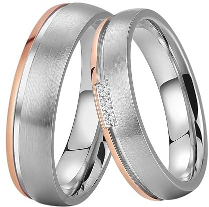 DOOSTI Paar Ringe für Damen Herren Partnerring Edelstahl Bicolor Silber Rosegold ohne/mit Zirkonia Ehering Trauring Freundschaftsring Hochzeit Ringe Frau Mann (Damenring, 56 (17.8))