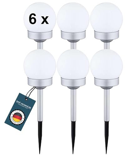 bmf-versand® Juego de 6 bolas solares LED – Lámpara de bola solar plateada blanca – Lámpara de bola exterior con varilla – Lámpara solar redonda para exterior jardín – Lámpara solar protegida contra