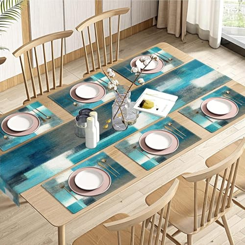 Emvency Set di 6 runner da tavola e tovagliette in cotone e lino, motivo astratto, color foglia di tè e grigio, decorazione artistica per tavolo da pranzo per uso quotidiano (1 runner da tavola lungo