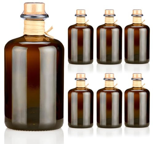 6x Apothekerflaschen 500ml braun schwarz leer Profiset komplett mit edlen Echtholzkorken natur Flaschenkapseln & Bast Band Geschenk Braunglas Flaschen 0,5 L für Öl, Gin, Kräuter Schnaps uvm.