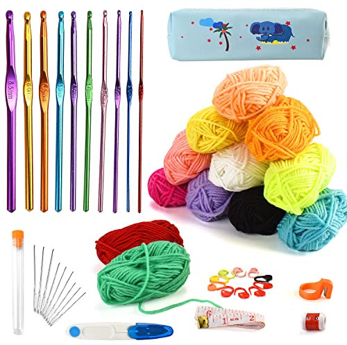 Häkelnadel Set, Wolle zum Häkeln Stricken für Anfänger Häkelset，Mit Tragetasche，12 Farben Acryl Wolle für häkelgarn ​und Kunsthandwerk