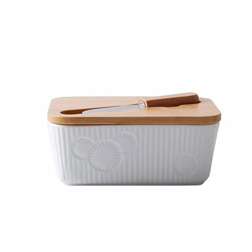 Mantequera Caja de mantequilla de cerámica con cubierta de madera y cuchillo Cocina nórdica Mantequilla Mantequilla Placa Almacenamiento Bandeja de Bandeja Comida Recipiente Mantequilla Mantequillera