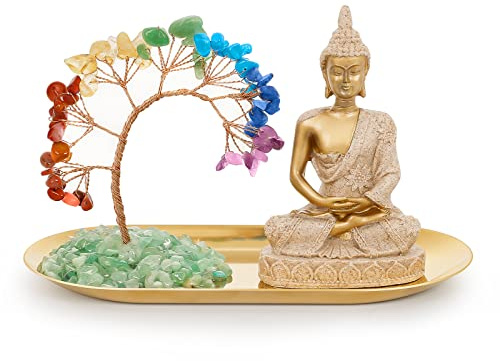 INNOLITES 7 Chakra Crystal Tree and Buddha Statue Set, Yoga Meditation Decor, Money Tree and Buda Statues for Home Living Room Office Shelf Decoration Wealth and Luck
