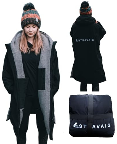 Stravaig Adult Waterproof Changing Robe Super Soft Fleece Lining-Windproof, Waterproof to 10,000mm Oversized Coat for Changing Swimming and Watersports. With Compression Straps (Medium, Black)