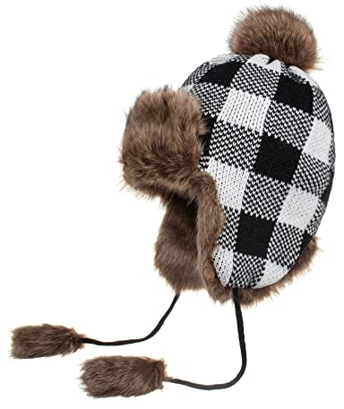 QICHEN Fliegermütze Damen Winter Mütze Gestrickt Pilotenmütze Warm Ohrenschützer Trapper mütze Fellmütze (Schwarz)