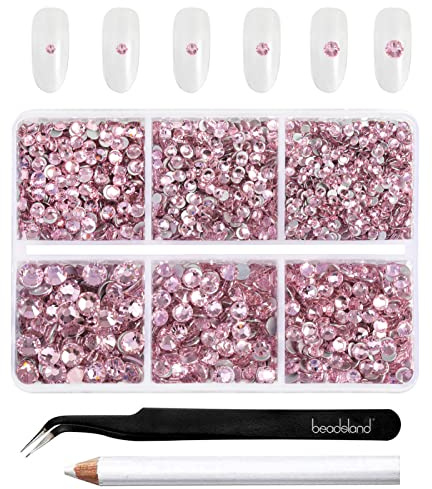 Beadsland Strasssteine zum Basteln,Rosa,6 Größen gemischt,4300 Stk | Rosa Strasssteine,SS6–SS20,Glasmaterial,Flacher Rückseite,Nagelsteine,mit Picking-Pinzette und Wachsstift