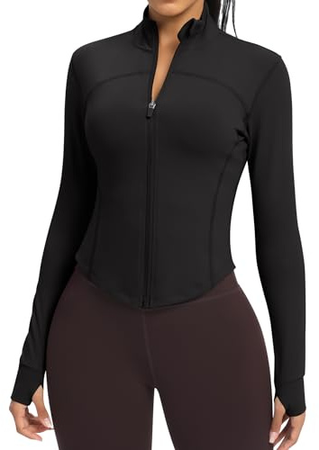 colorskin Women's Lightweight Zip Up Workout Jackets Yoga Cropped Running Gym Track Athletic Jacket with Thumb Holes(Black,Medium)