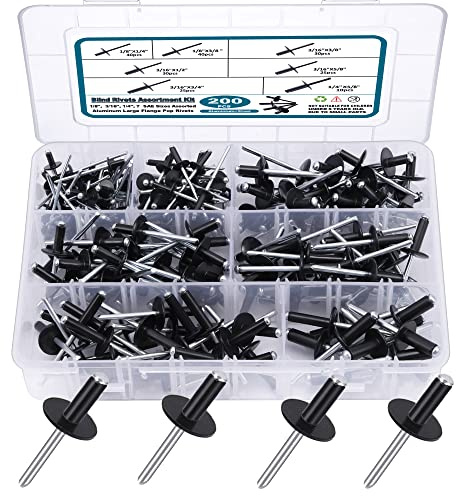 SATANTECH 200PCS Black Rivets Pop Rivets Assortment Kit, Large flange Aluminum Rivets(1/8 3/16 1/4) Assorted Blind Rivets with Case