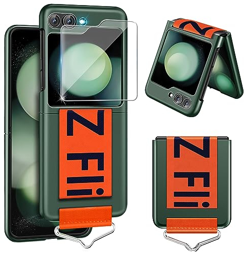Handyhülle für Samsung Galaxy Z Flip 5 5G Hülle mit Schutzfolie, Dünn Folable Matt PC Panzerhülle Handy Tasche mit Ring Nylon Strap Handschlaufe Stoßfeste Schutzhülle für Samsung Z Flip5 (Grün)