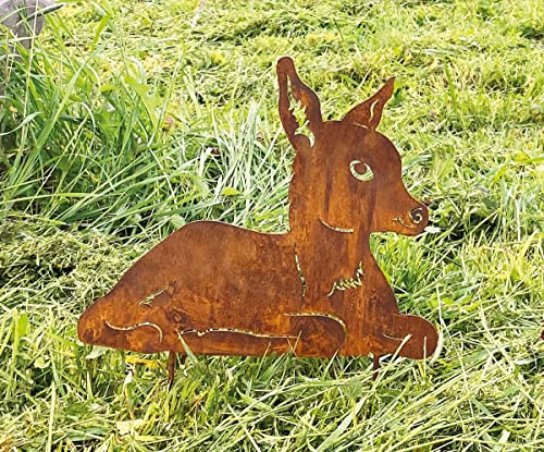 STEINFIGURENWELT GIEBEN Rehkitz liegend 32x37cm zum Stecken Gartenstecker Edelrost Gartendeko Rost Metall Rostfigur Hirsch Kitz REH Tier