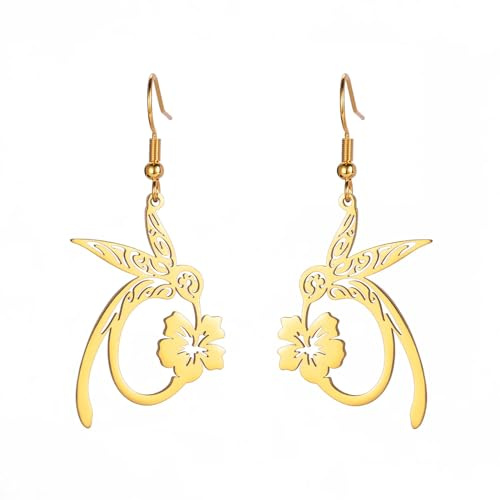 Dreamtimes Colibri Cardinal Boucles d'oreilles pendantes pour femmes Boucles d'oreilles oiseaux fleurs forts Brave Libre Colibri Bijoux Cadeaux (L'or)