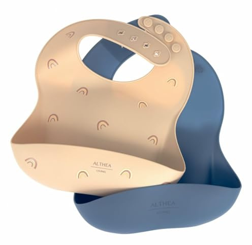 Althea Living - Set de 2 Baberos Impermeables de Silicona Orgánica para Bebés | Ajustables y Cómodos 6m-4a | Fáciles de Limpiar, Flexible y Portable | Sin BPA, Beige Arcoiris, Azul Marino, Silicona