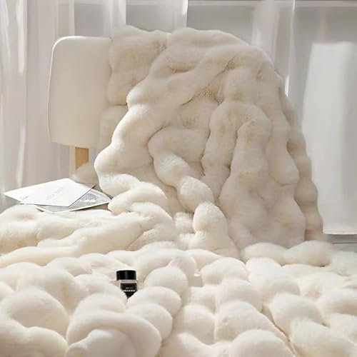 Bubble Decke Faux Kaninchenfell Kuscheldecke Flauschig Doppelgesicht Dicke Fell für Bett Sofa Casual (Beige, 100 * 160cn)
