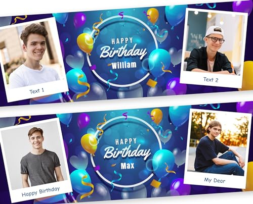 Geburtstagsbanner Personalisiert mit 2 Fotos Text | Happy Birthday Girlande XL Größen | Geburtstagsdekoration für Kinder Erwachsene | PVC Wetterbeständig | Metallösen Montage | PRINT.GG