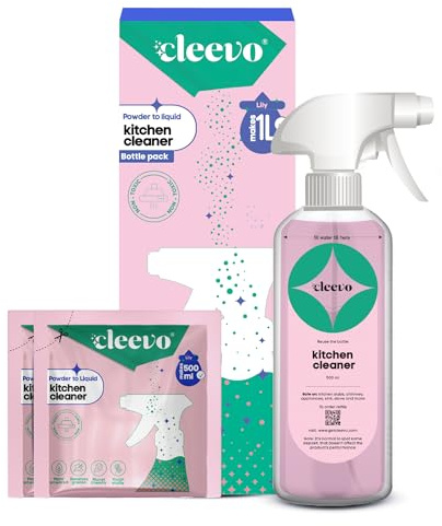 Cleevo köksrengöringssprayflaska paket (1 L) | Pulver till flytande rengöringsspray för köksytor | Tuff fläckrengöring | perfekt för gasspis, bänkskiva, skorsten för olje- och fettborttagning