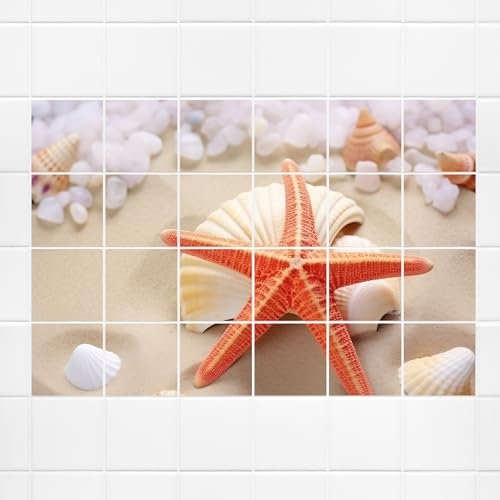 GRAZDesign Fliesenaufkleber Bad Küche, Fliesenbild Strand Seestern Maritim, Klebefliesen selbstklebend - 20x25cm / 142x101cm