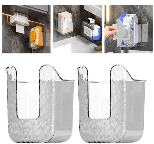 2 Pcs Wipes Dispenser, Container and Holder for Bathroom, Clear Wall Mounted Tissue Box Holder, Refillable Wipes Container Box for Kitchen (Clear Grey)