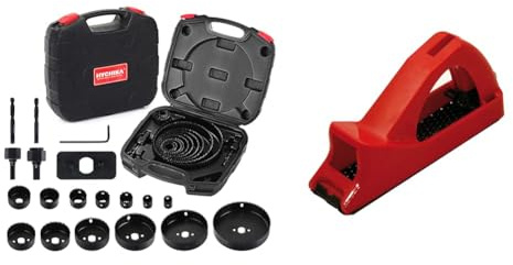 HYCHIKA Scie Trépan 19 Pièces - Set de Scie à Discoïdes 19-152 mm avec Mandrins et Accessoires, Adapté pour Couches de Liège, PVC et Plastique & Fartools 212006 Mini rabot à plâtre 135 x 35 mm