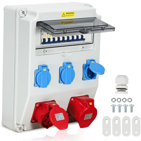 Yakimz Baustromverteiler, Stromverteiler 5 polig Wandverteiler, 3xSchuko-Steckdose und CEE-Steckdose 16/32A, Stromverteilung Leitungsschutzschalter für Baustelle Innen Außen