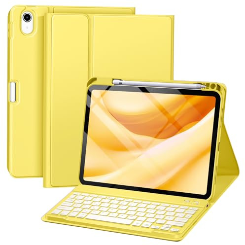 drivego Hülle mit Tastatur für iPad A16 11. 2025/10. 2022 (11/10.9 Zoll) | 7-farbige Beleuchtung Magnetische Abnehmbare Tastatur für iPad 11/10 Generation Hülle mit Stifthalter, Gelb